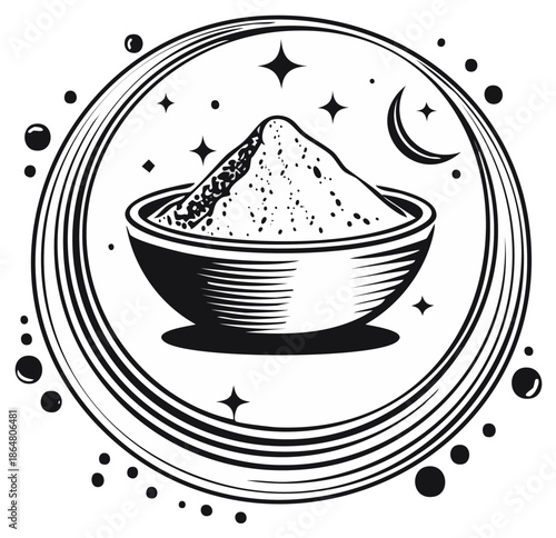 Mystical bowl of cosmic powder with celestial moon and stars. A black and white magical vector logo illustration.