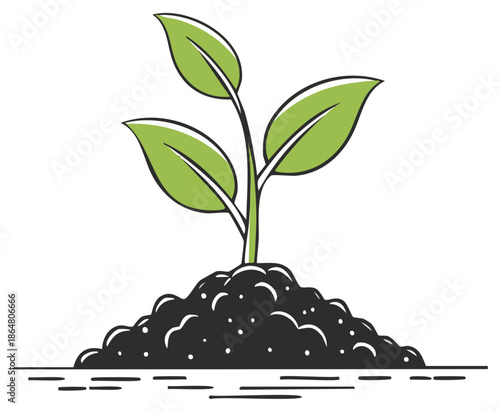 Young green plant seedling emerging from rich dark soil, representing natural growth, fresh beginnings, and environmental development.