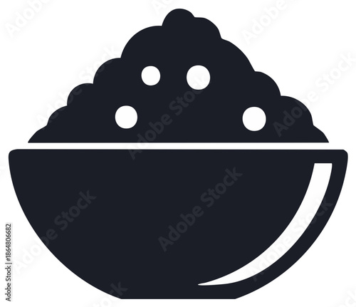 A stylized illustration of a bowl of rice with some grains visible