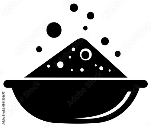 Graphic icon of a bowl filled with granular powder and rising circular elements