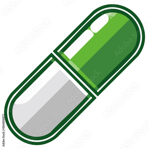 Green and white medical capsule illustration, health supplement medication pill design