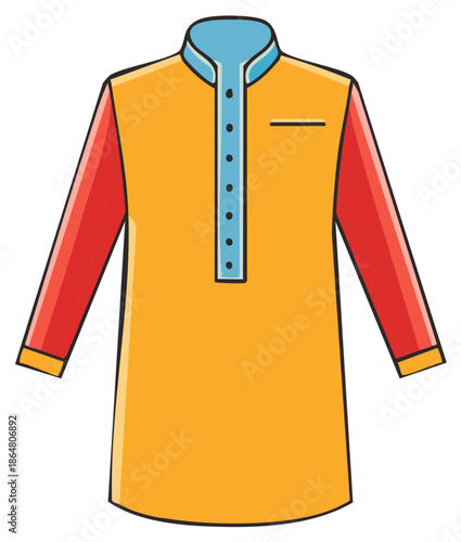 Traditional Indian kurta shirt in yellow and red with blue collar and buttons