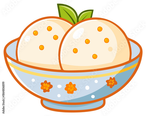 Two scoops of creamy vanilla ice cream with orange candies in a decorative bowl with leaves