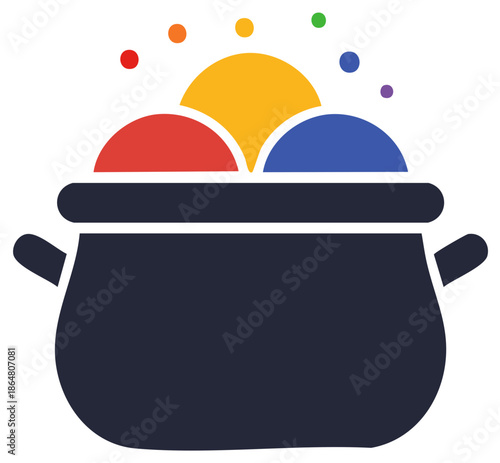 Dark cooking pot bubbling with vibrant rainbow colors symbolizing creativity innovation and inclusion