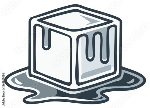 Melting Ice Cube Illustration with Water Puddle Dripping Liquid