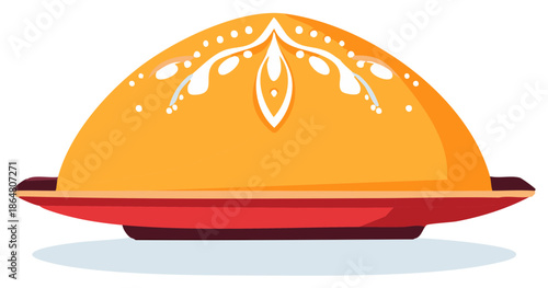 Golden yellow dome lid with an intricate white floral design on a red serving platter