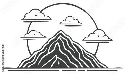 Monochrome Mountain Surrounded by Clouds Enclosed Within Circular Frame