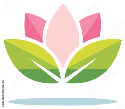 Stylized lotus flower with leaves and reflection on water