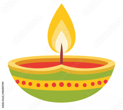 Vibrant and colorful illustration of a traditional Indian Diya lamp lit for the Hindu festival of lights, Diwali