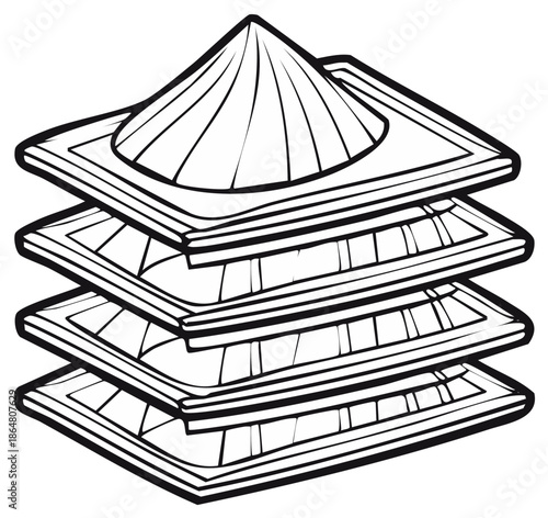 Asian pagoda-style structure with stacked rectangular tiers, hand-drawn illustration.