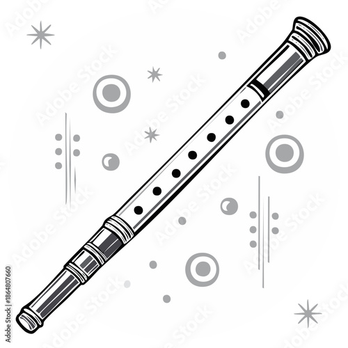 Monochromatic classic flute instrument graphic illustration with retro decorative background elements