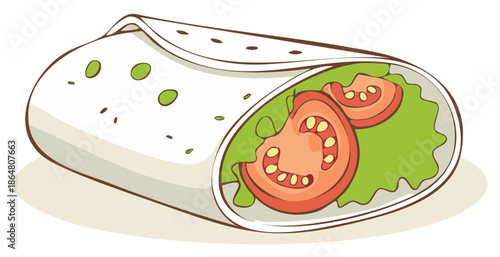 Healthy wrap filled with fresh lettuce and ripe tomato slices with green dots on white tortilla