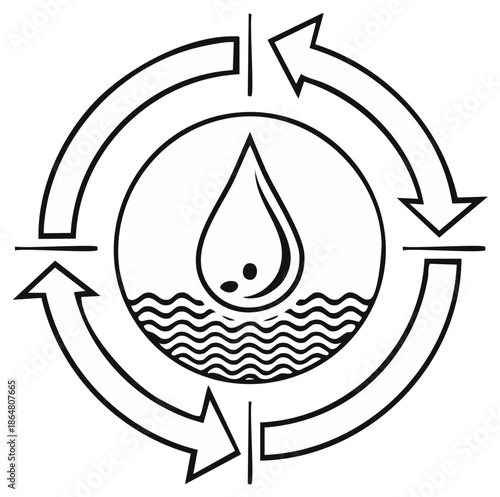 Water cycle icon with recycling arrows and drop line art symbol for sustainability and conservation