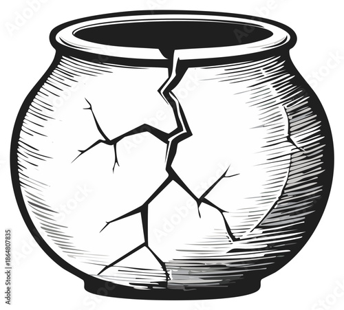 Broken ceramic pot with large cracks destruction concept illustration design line art drawing