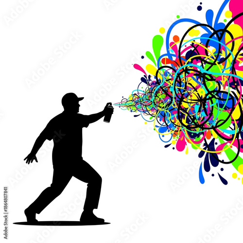 Silhouette of a graffiti artist spraying colorful paint in abstract design.