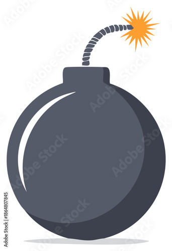 Stylized Round Bomb Cartoon with Burning Fuse, Gray Vector Illustration