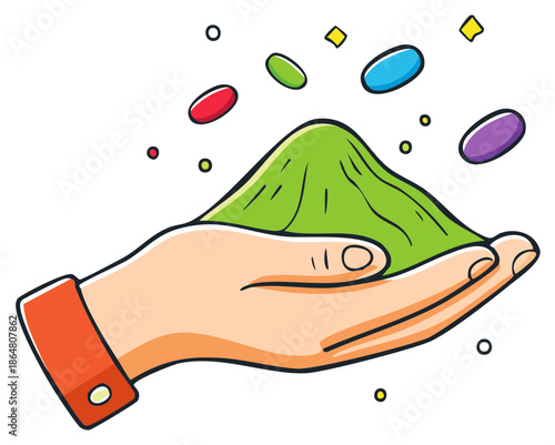 Open Hand Holding Green Powder with Floating Color Pills Cartoon Illustration