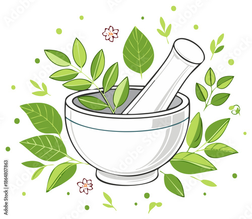 Mortar and Pestle with Fresh Green Leaves Illustration for Herbal Medicine Preparation