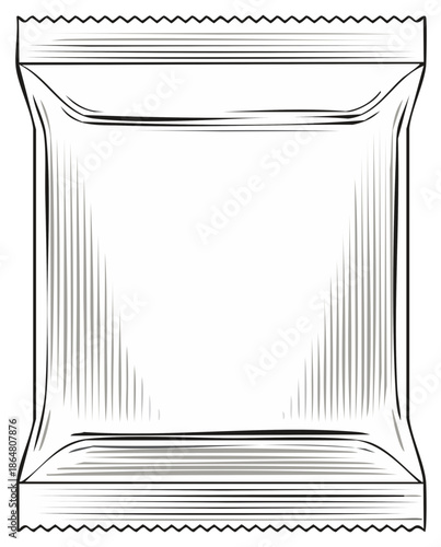 Empty food snack packaging bag in line art engraving style isolated on white