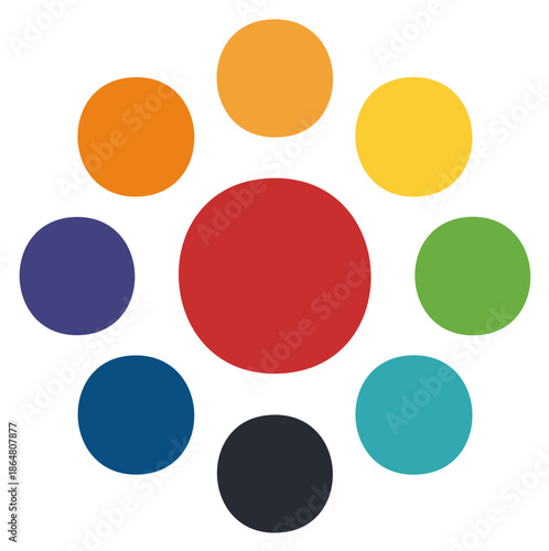 Colorful Circle Arrangement with Red Center, Round Geometric Shapes, and Vibrant Palette