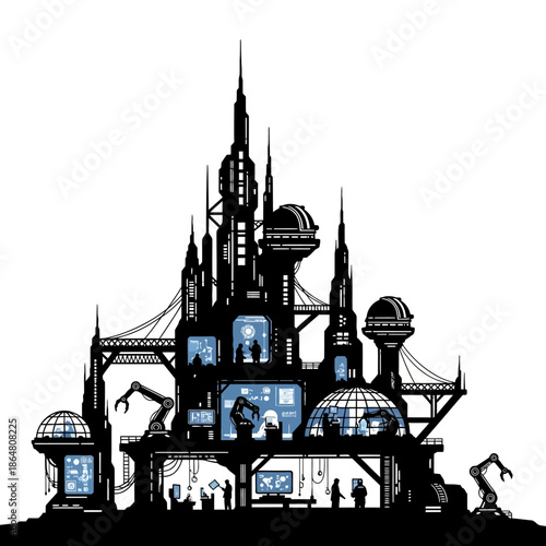 Futuristic castle with advanced technology and robotic elements, showcasing innovation and modern design in a fantasy setting.