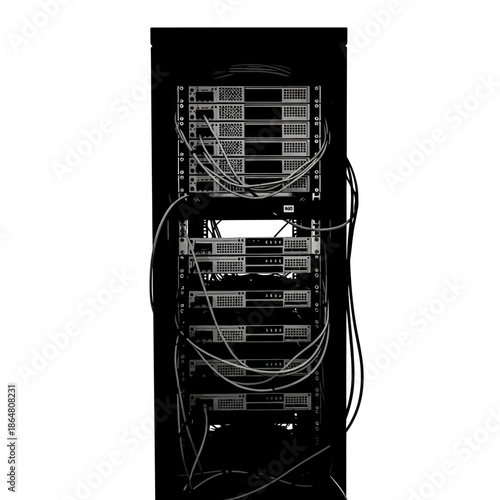 A black and white image of a server rack with multiple servers and cables, representing modern data infrastructure and technology.