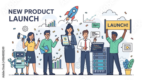 Diverse business team celebrating a successful new product launch with rocket, robot, and data analytics.