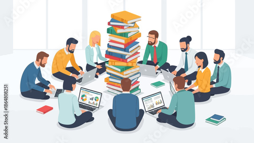Group of people sitting on the floor around a pile of books, working and studying together, sharing knowledge and ideas.