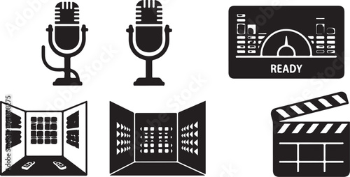 Film and audio production icons and symbols in black