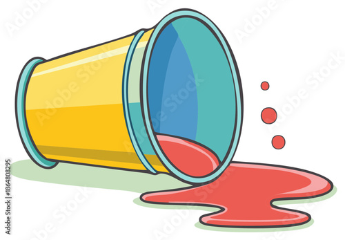 Yellow cup tipped over spilling red liquid and droplets on a green surface