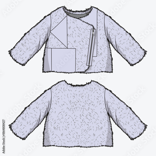Kids collarless fleece jacket technical drawing vector mockup template.