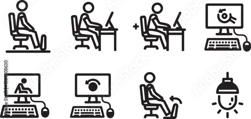 Stick figures working on computers in various positions and postures