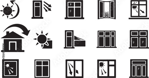 Various Window Icons and Sun Symbols in Black and White