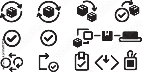 Business workflow and checklist icons in black and white