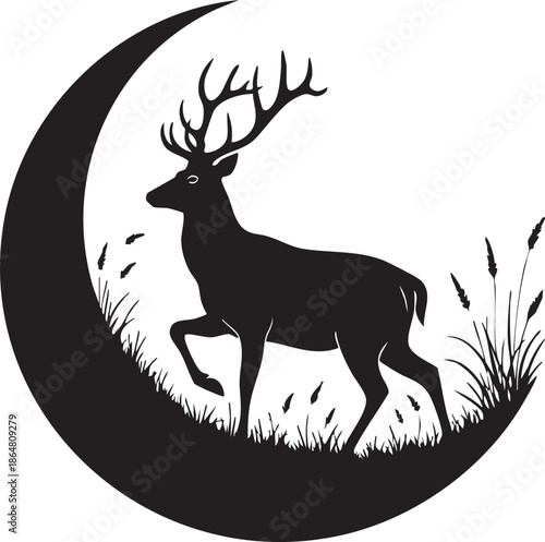 Black silhouette of stag with antlers standing in grass and reeds surrounded by crescent moon deer