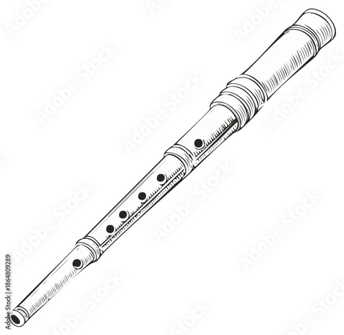 Line drawing illustration of an ancient wooden flute musical instrument.