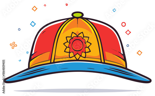 Stylish Cap with Floral Medallion Colorful Illustration Cartoon Design Baseball Cap Modern Design