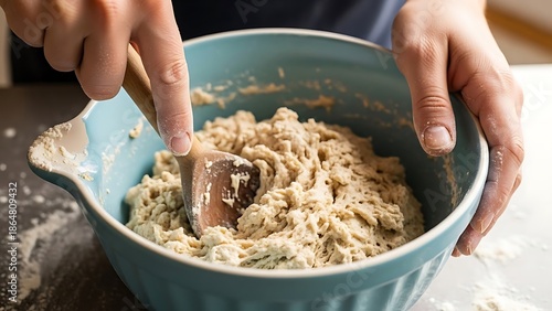 Dough preparation process mixing ingredients with a wooden spoon in bowl