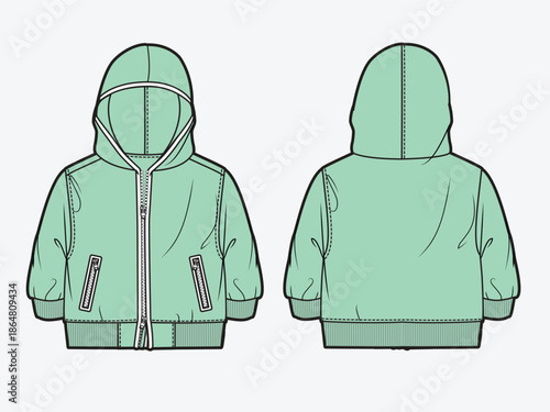 Child hoodies technical flat sketch vector mockup illustration.