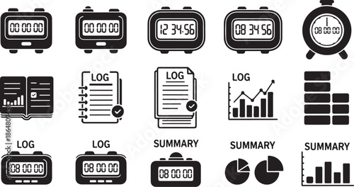 Black and white time management log icons and graphics set