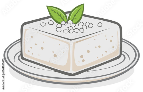 A fresh block of tofu or feta cheese with a green leaf garnish served on a plate vector illustration