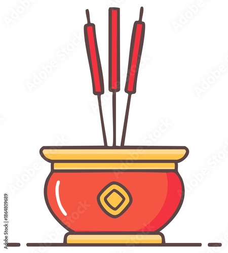 Incense sticks in traditional red and gold bowl, Asian cultural symbol, vector illustration.