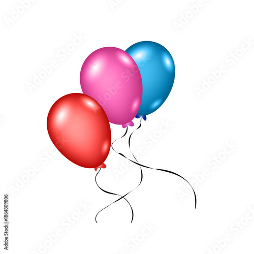 Pink red blue balloon composition of multi-colored balloons on a black thread without background