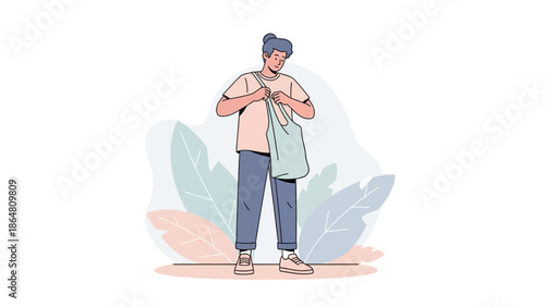 Young woman standing outdoors surrounded by large leaves and holding a reusable tote bag