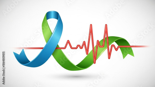 A blue and green awareness ribbon intertwined with a red ecg heartbeat line on a white background symbolizing health and wellness with support