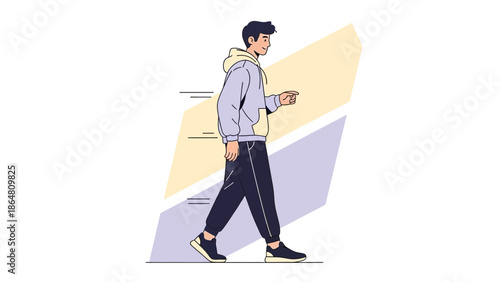 Casual young man walking outdoors with a relaxed posture in a modern illustration style