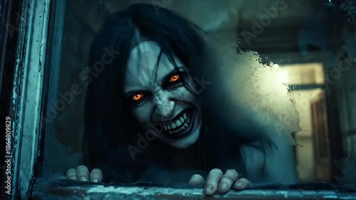 Creepy Female Ghost Staring Through House Window at Night