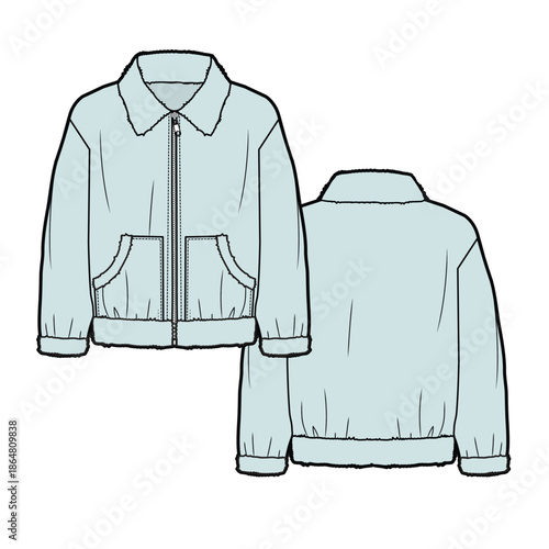 Winter fleece jackets technical line drawing vector mockup template.