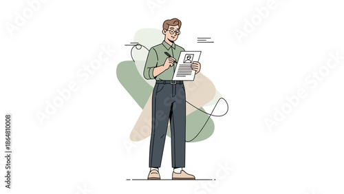 Modern young professional man reading on his smartphone and holding a document while standing with