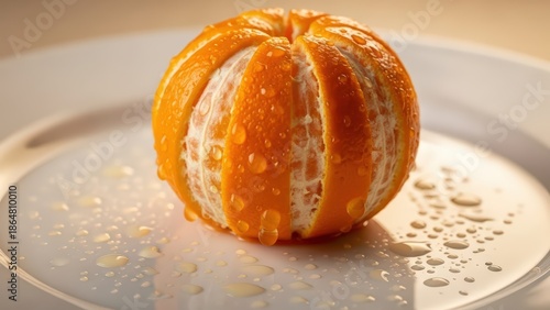 A partially peeled, wet orange sits on a white plate with water droplets, illuminated by warm light.